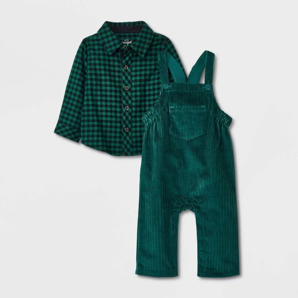 NEW! Baby Boys Corduroy Dungaree / Overalls Top & Bottom Set, Green - Cat & Jack - Picture 1 of 15